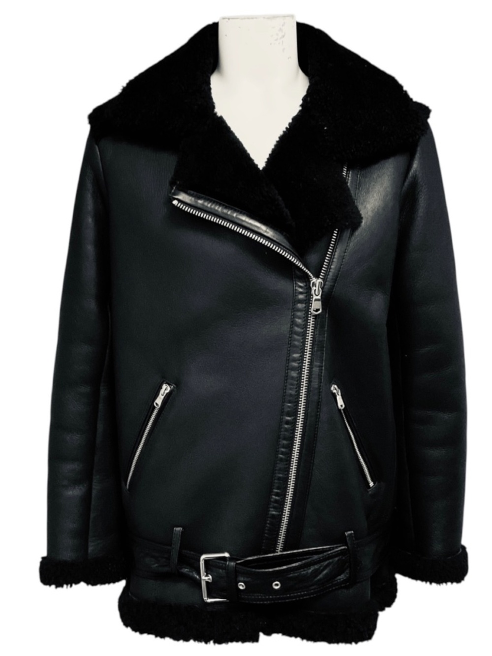 MAJE BLACK GOMBERY SHEARLING LINED LEATHER MOTO JACKET